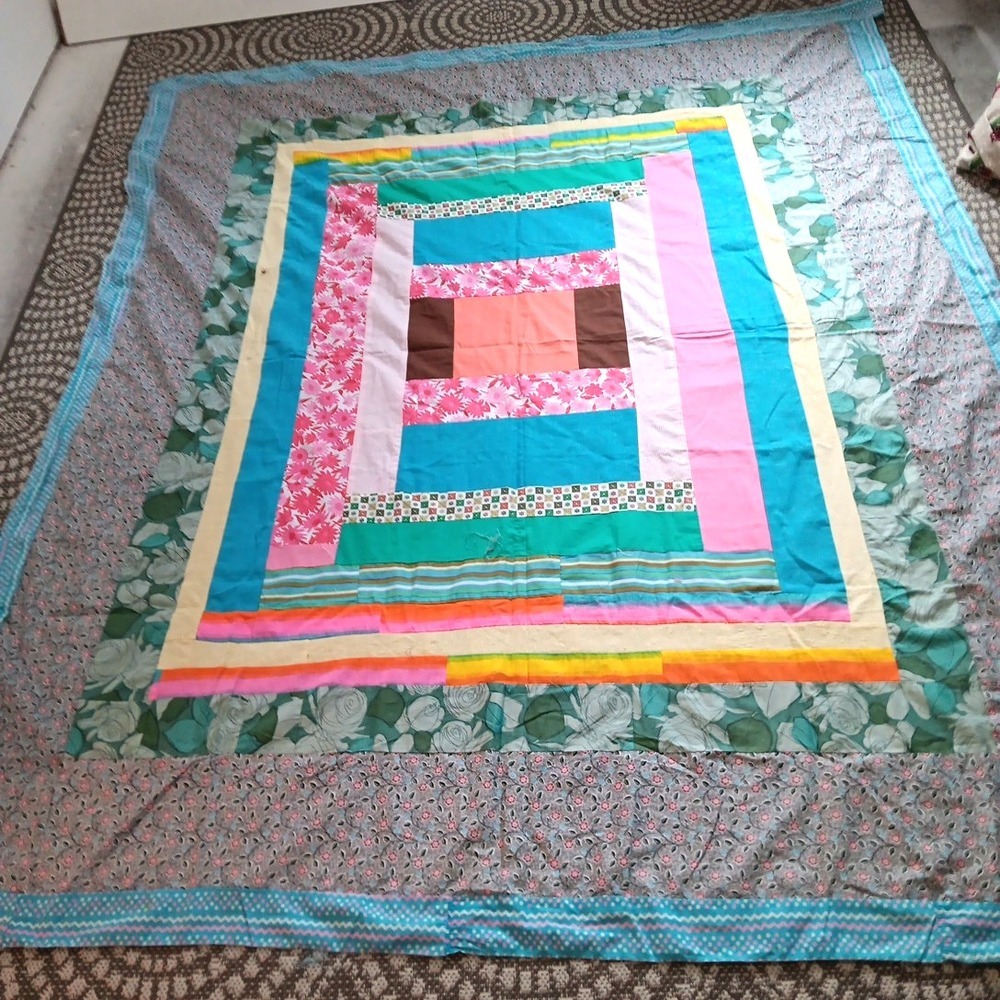 VTG 70's Crazy Multi-Color Quilt Top Unfinished Fabric 93X76 Craft Boho Cottage